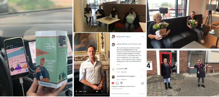 Collage van de Dag van de Schoonmaker met een koffiebeker in de auto, schoonmakers die bloemen en cadeaus ontvangen, groepsfoto’s binnen en buiten, en een videoboodschap van premier Mark Rutte.