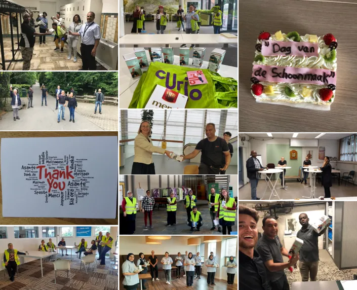 Collage van de Dag van de Schoonmaker met medewerkers die cadeaus en waardering ontvangen, groepsfoto’s met veiligheidsvesten, een taart met de tekst ‘Dag van de Schoonmaker’, een woordwolk met ‘Thank You’ en verschillende bedankmomenten op de werkvloer.