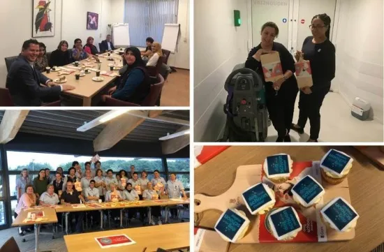Collage van Gom-medewerkers die samenkomen om De Dag van de Schoonmaker te vieren, met groepsfoto’s, uitgereikte cadeautjes en gebakjes met het logo van de actie.