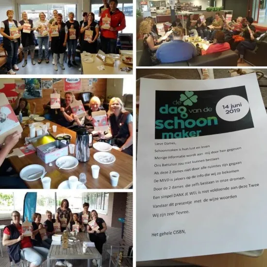 Collage van Gom-medewerkers die De Dag van de Schoonmaker vieren met taart, cadeautassen en een bedankbrief met het logo van 14 juni 2019.