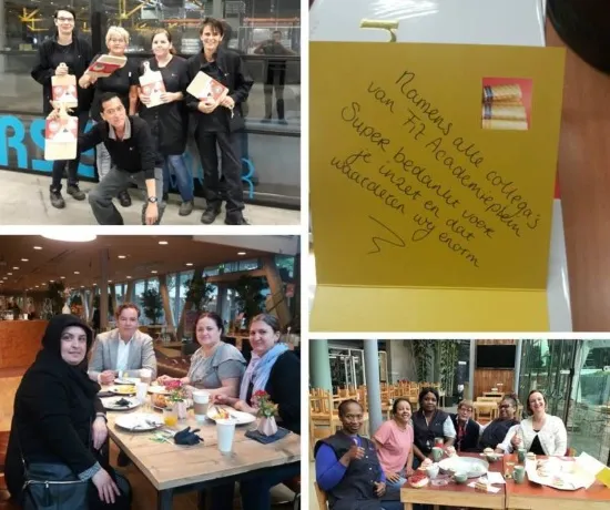 Collage van Gom-medewerkers die De Dag van de Schoonmaker vieren met groepsfoto’s, een kaart met bedankboodschap en gezamenlijke lunches.