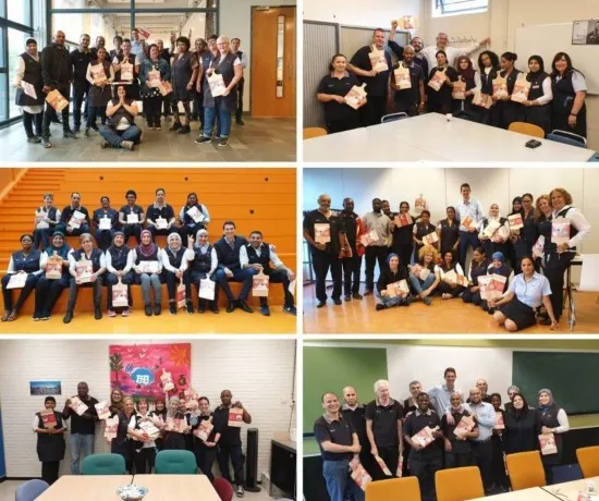 Collage van verschillende Gom-teams die De Dag van de Schoonmaker vieren met groepsfoto’s en waarderingspakketten.