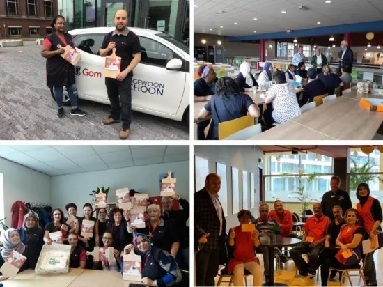 Collage van Gom-medewerkers die De Dag van de Schoonmaker vieren met taart, waarderingspakketten en gezamenlijke momenten op verschillende locaties.