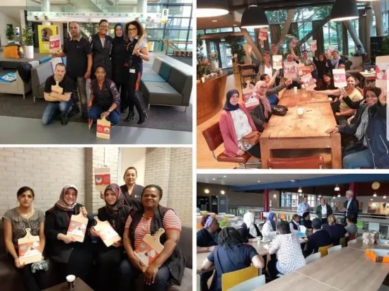 Collage van Gom-medewerkers die De Dag van de Schoonmaker vieren met groepsfoto’s, cadeaus en gezamenlijke momenten op verschillende locaties.