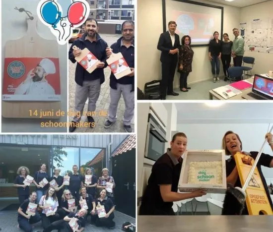 Collage van Gom-medewerkers die De Dag van de Schoonmaker vieren met taart, presentaties en waarderingspakketten op verschillende locaties.