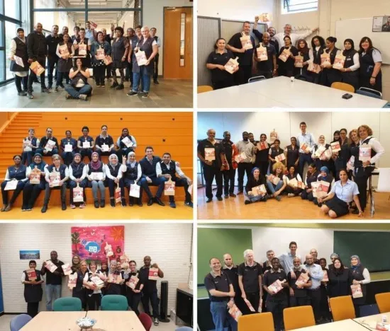 Collage van Gom-medewerkers die De Dag van de Schoonmaker vieren met groepsfoto’s en waarderingspakketten op verschillende locaties.