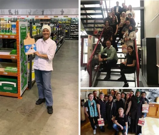 Collage van Gom-medewerkers die De Dag van de Schoonmaker vieren op verschillende locaties, met groepsfoto’s en waarderingspakketten.