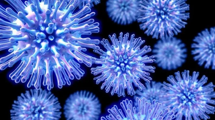 Digitale illustratie van meerdere blauwe virusdeeltjes, sterk vergroot en driedimensionaal weergegeven.