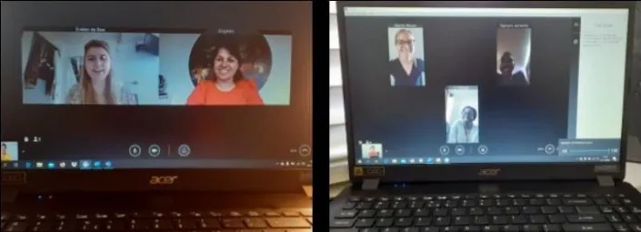 Twee laptopschermen waarop online videogesprekken via Skype te zien zijn, met meerdere deelnemers in beeld.
