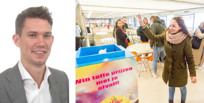 Portret van een man in pak en een actiebeeld van een jonge vrouw die afval in een prullenbak gooit tijdens een campagne met de slogan ‘Win toffe prijzen met je afval'