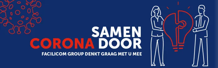 De woorden Samen Corona Door staan op een blauw vlak met getekende personen die een gedeelde lamp vasthouden