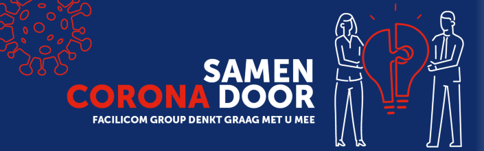 De woorden Samen Corona Door staan op een blauw vlak met getekende personen die een gedeelde lamp vasthouden