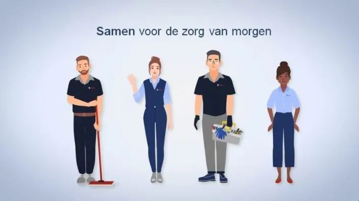 Illustratie van vier zorg- en schoonmaakmedewerkers in werkkleding met de tekst “Samen voor de zorg van morgen” erboven.