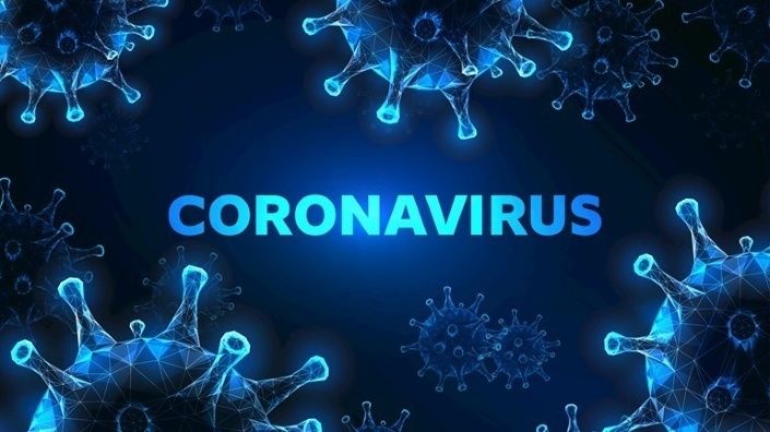 Een blauwe afbeelding waarin lichtbaluwe virusdeeltjes te zien zijn met in het midden de titel Coronavirus.