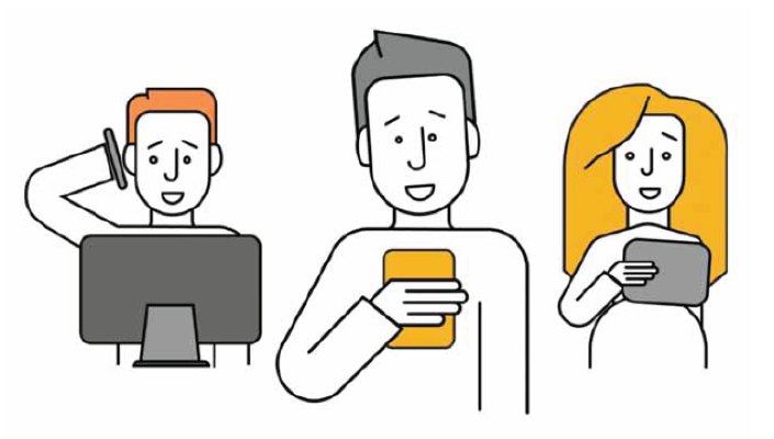 Drie getekende poppetjes beelden uit hoe mensen op het internet zitten. Een persoon zit op de computer, een persoon zit op zijn telefoon en een persoon kijkt op haar ipad.