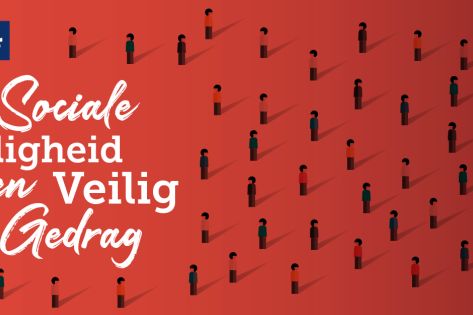 Rood vlak met daarin veel getekende poppetjes met de titel: webinar - Sociale veiligheid en veilig gedrag.