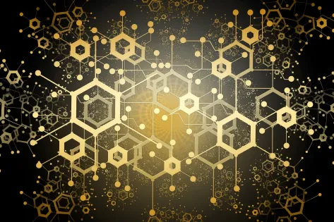 Een zwart vlak met daar op zeshoekige vormen die middels lijnen op elkaar aansluiten. Alle zeshoekige vormen zijn goud van kleur.