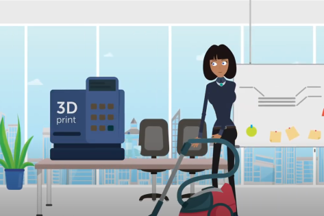 Animatie van een schoonmaakster van Gom die bij een 3d printer aan het schoonmaken is.