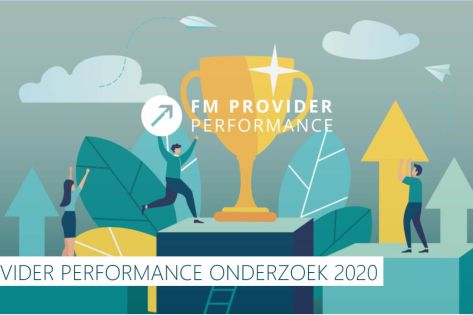 Infograhic met juichende mensen, pijlen en blokken met daarop een beker. Ook is de tekst FM Provider Performance Onderzoek 2020 weergegeven.