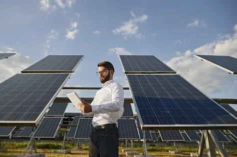 Medewerker energiemanagement analyseert data op tablet staand naast veld met zonnepanelen