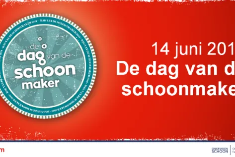 Afbeelding met de tekst ‘14 juni 2019 – De dag van de schoonmaker’, op een rode achtergrond met het logo van Gom en de campagne ‘Operatie Schoon’.