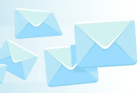 Illustratie van meerdere blauwe enveloppen die in de lucht zweven.