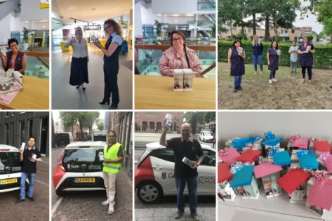 Collage van medewerkers die cadeauboxen en folders ontvangen of tonen, deels bij bedrijfsauto’s met Gom-logo en deels binnen of buiten op locatie, samen met een foto van kleurrijk verpakte geschenkdozen.