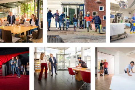 Collage van tien foto’s die verschillende schoonmaaksituaties en samenwerkingen bij Gom tonen. De beelden laten medewerkers zien die in uiteenlopende omgevingen werken, zoals kantoren, zorginstellingen, scholen en theaters. Ook zijn er scènes van overlegmomenten, specialistische reiniging en dagelijkse werkzaamheden, waarmee de diversiteit en professionaliteit binnen Gom wordt benadrukt.