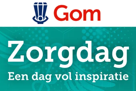 Logo van Gom boven de tekst ‘Zorgdag – Een dag vol inspiratie’ op een turquoise achtergrond.