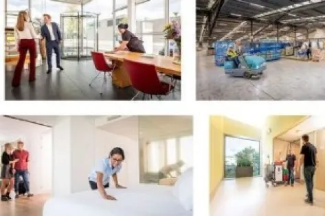 Collage van verschillende werksituaties met medewerkers in uiteenlopende sectoren, waaronder zorg, schoonmaak, kantoor, theater en industrie.