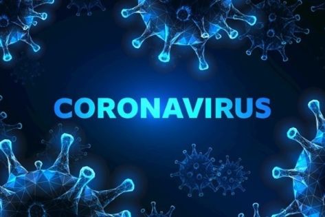 Een blauwe afbeelding waarin lichtbaluwe virusdeeltjes te zien zijn met in het midden de titel Coronavirus.