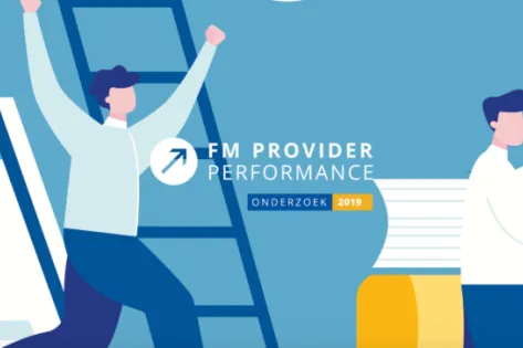Illustratie van twee personen met documenten en een ladder, met de tekst 'FM Provider Performance Onderzoek 2019